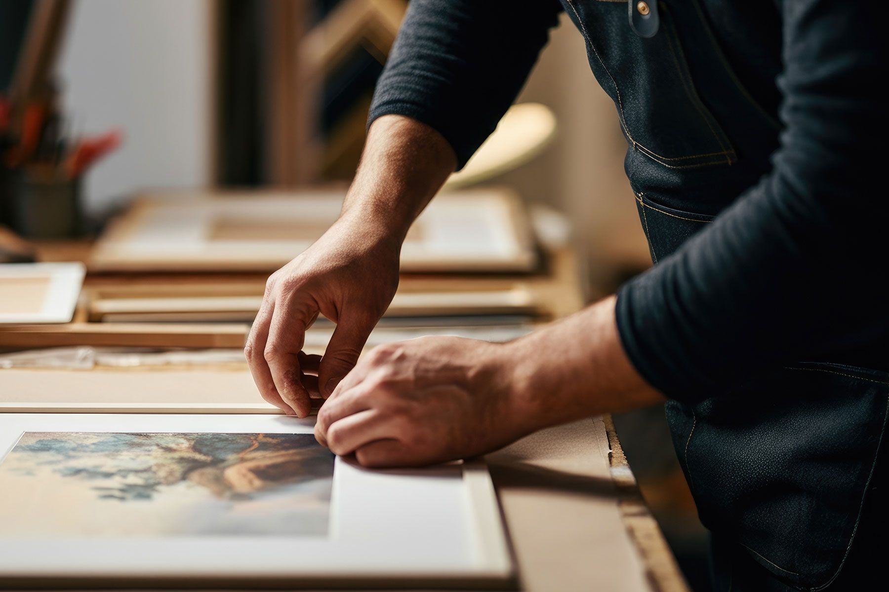 Close-up of hands carefully placing a print into a picture frame on a workbench.