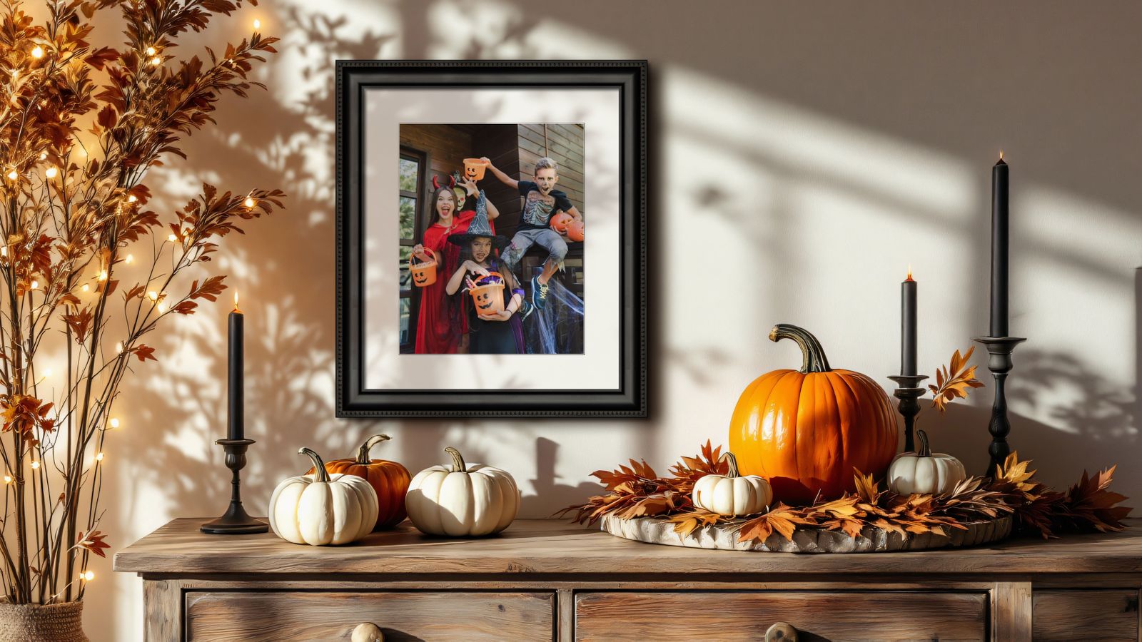 Framed photo of children dressed for Halloween in black frame with white mat next to a tan sofa