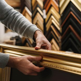 Hands fitting a gold picture frame