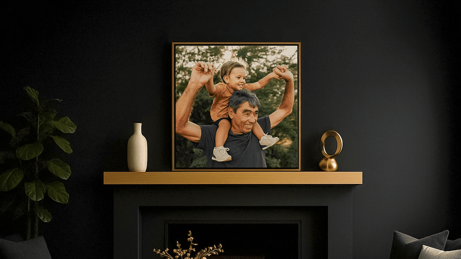 Framed photo of grandfather with grandchild on his shoulders in a dark room with gold accents and plants