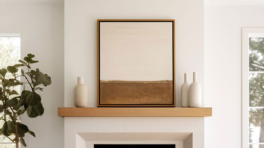 Framed canvas art above a fireplace next to a potted plant 
