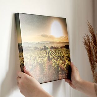 Person hanging a landscape photo canvas print on a wall.