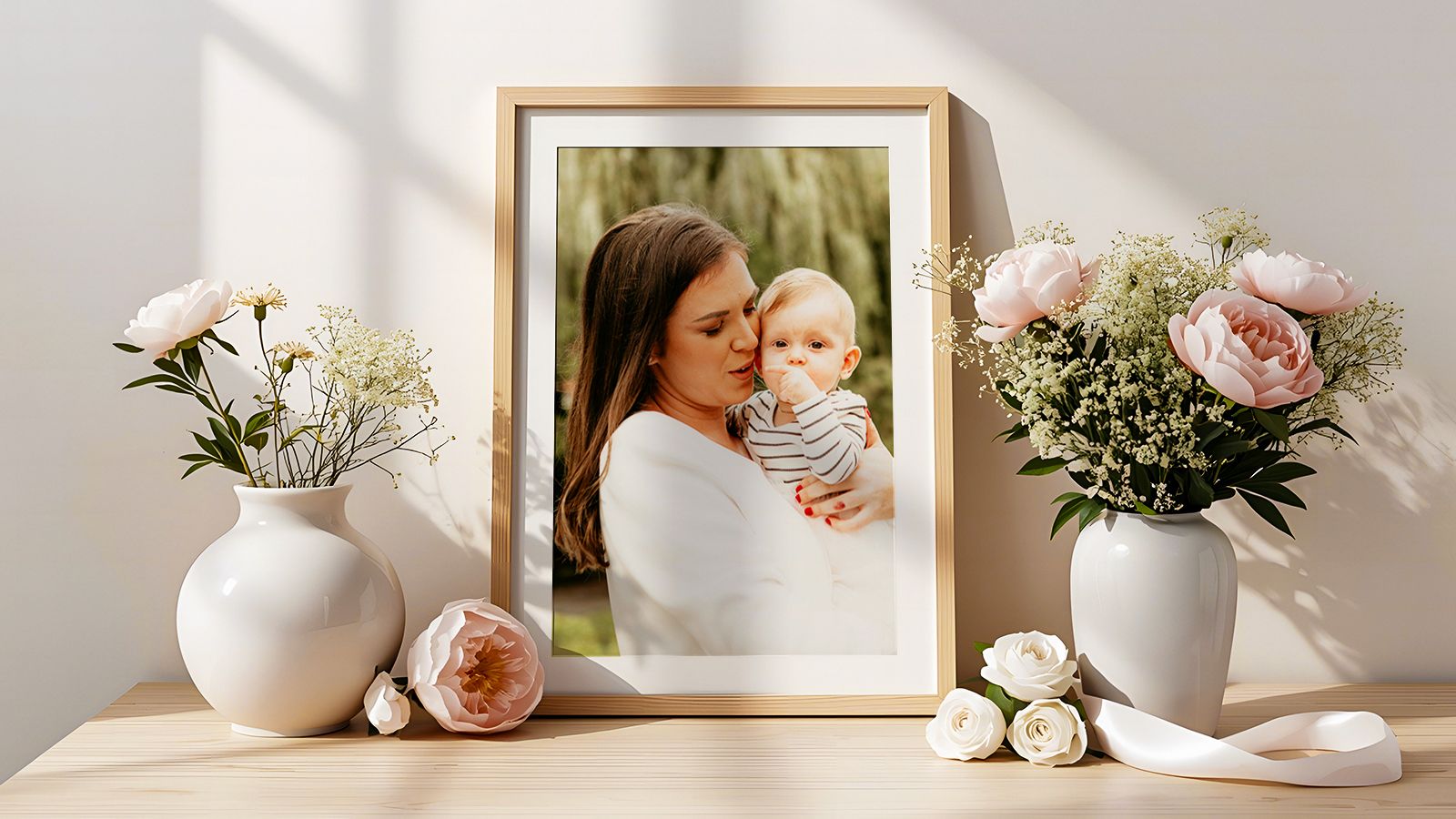 Framed photo of mother and child in a bright spring room with pink flower arrangement