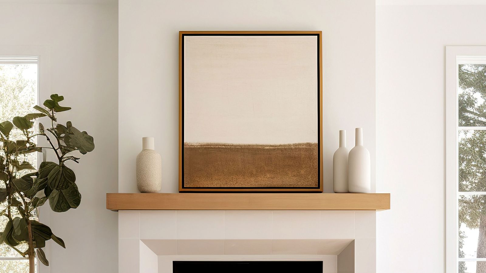 Framed canvas art above a fireplace next to a potted plant 