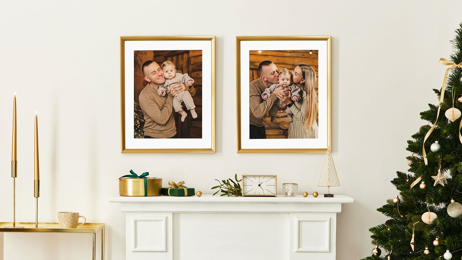 Framed prints above mantel with white mats next to decorated Christmas tree