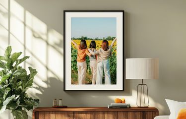 Framed photo of 3 women in black frame with white mat in bright room with potted plant