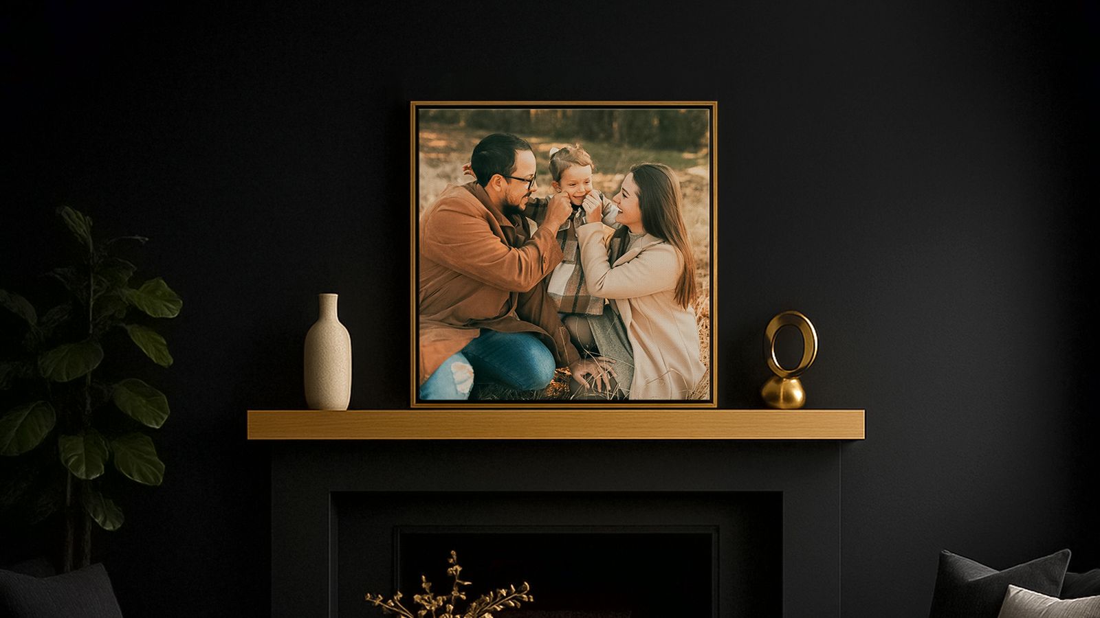 Framed canvas artwork with floating canvas frame displayed over a fireplace in dark painted room
