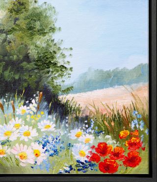 Painting of flowers in a peaceful countryside scene