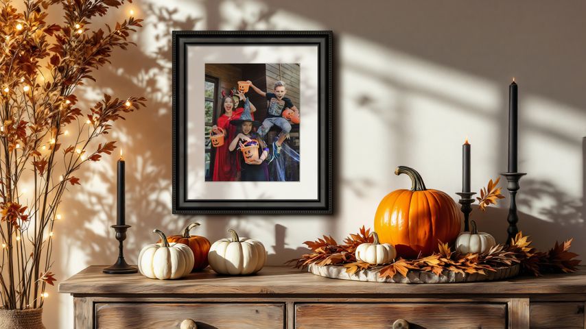 Framed photo of children dressed for Halloween in black frame with white mat next to a tan sofa