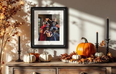 Framed photo of children dressed for Halloween in black frame with white mat next to a tan sofa