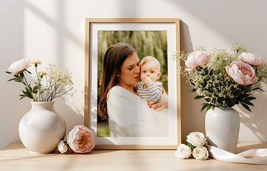 Framed photo of mother and child in a bright spring room with pink flower arrangement