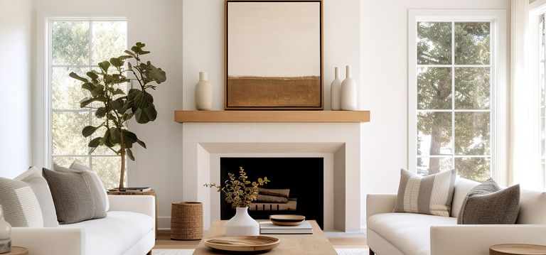 Framed canvas artwork with floating canvas frame displayed over a fireplace in a brightly lit living area